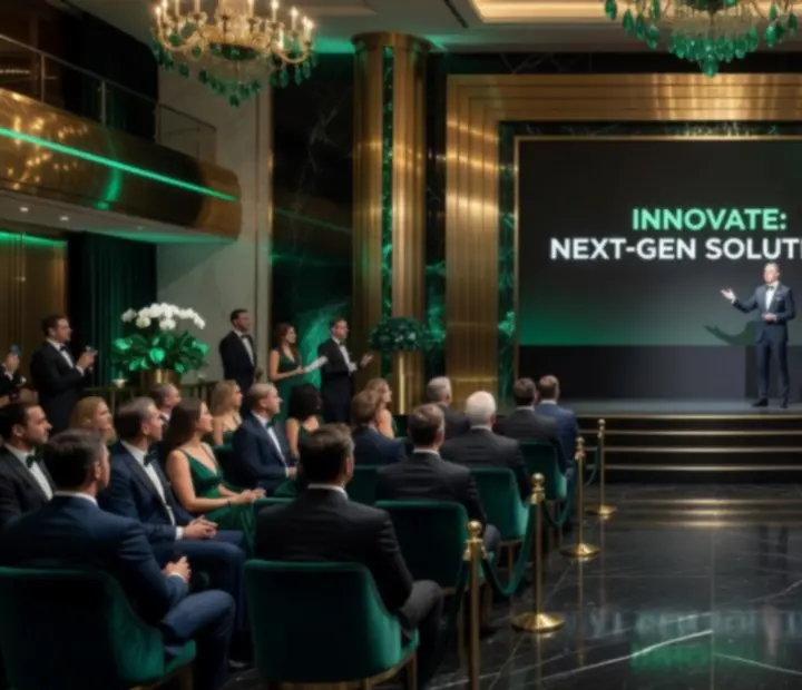 Scéna produktového launch eventu s nasvíceným pódiem a hosty
