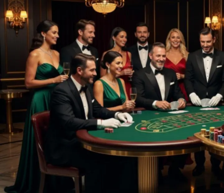 VIP poker night s krupiéry u stolů pro poker a ruletu v elegantním sále