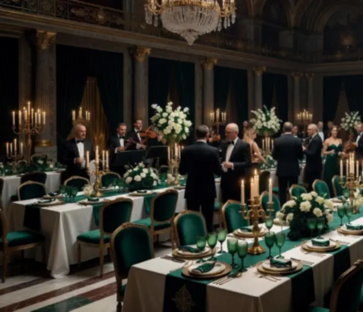 Elegantně nasvícený sál připravený na gala večer s prostřenými stoly a zónou pro mobilní kasino